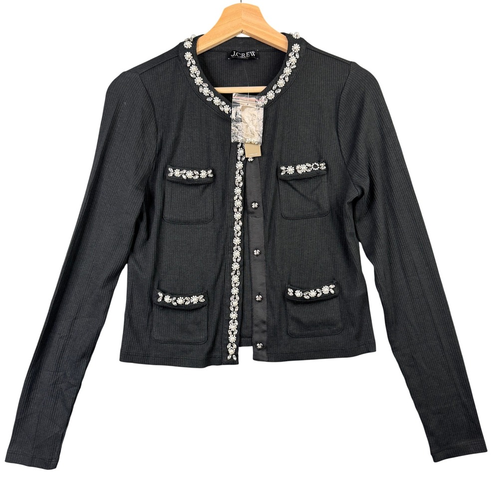 J.Crew Embellished Ribbed Lady Jacket Cardigan Black Crystal Pearl Trim Small